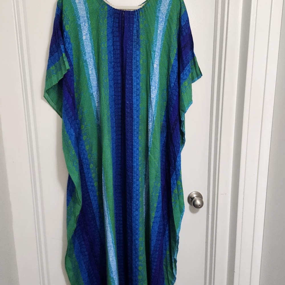 Vintage Vibrant Blue and Green Striped Kaftan